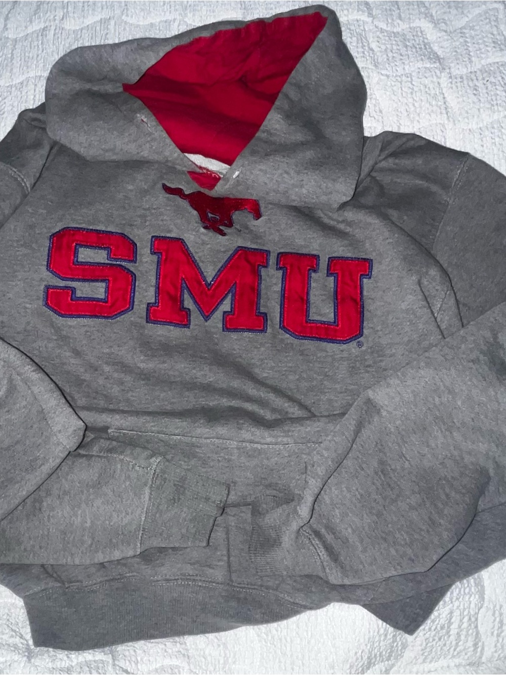 SMU Logo Grey Crewneck Hoodie with Red Accent - Men's Pullover